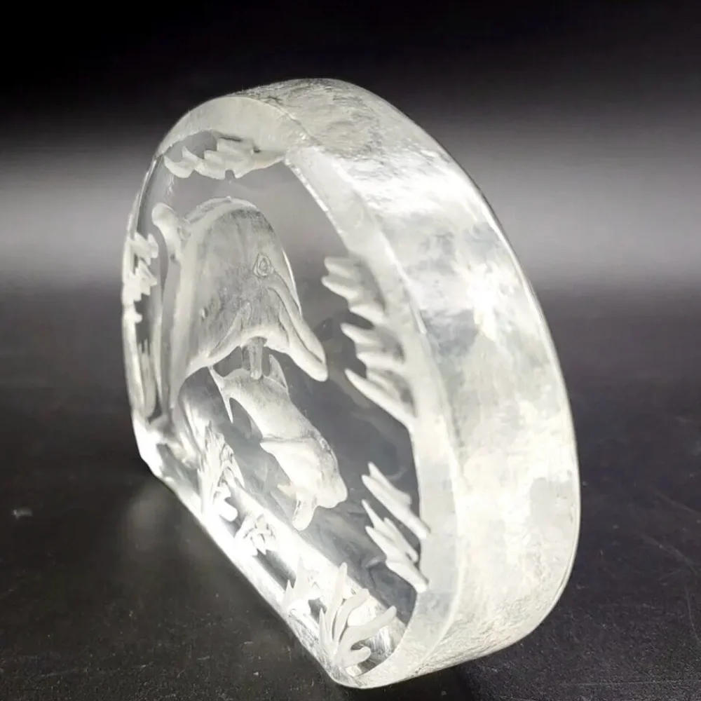 Vintage Sarmis Royal CrownRomanian Crystal Dolphin art glass Paperweight Romania